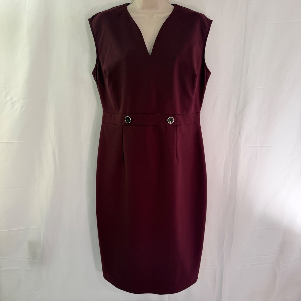 New York & Company Burgundy V-Neck Sheath Dress Professional Button Waist 10
